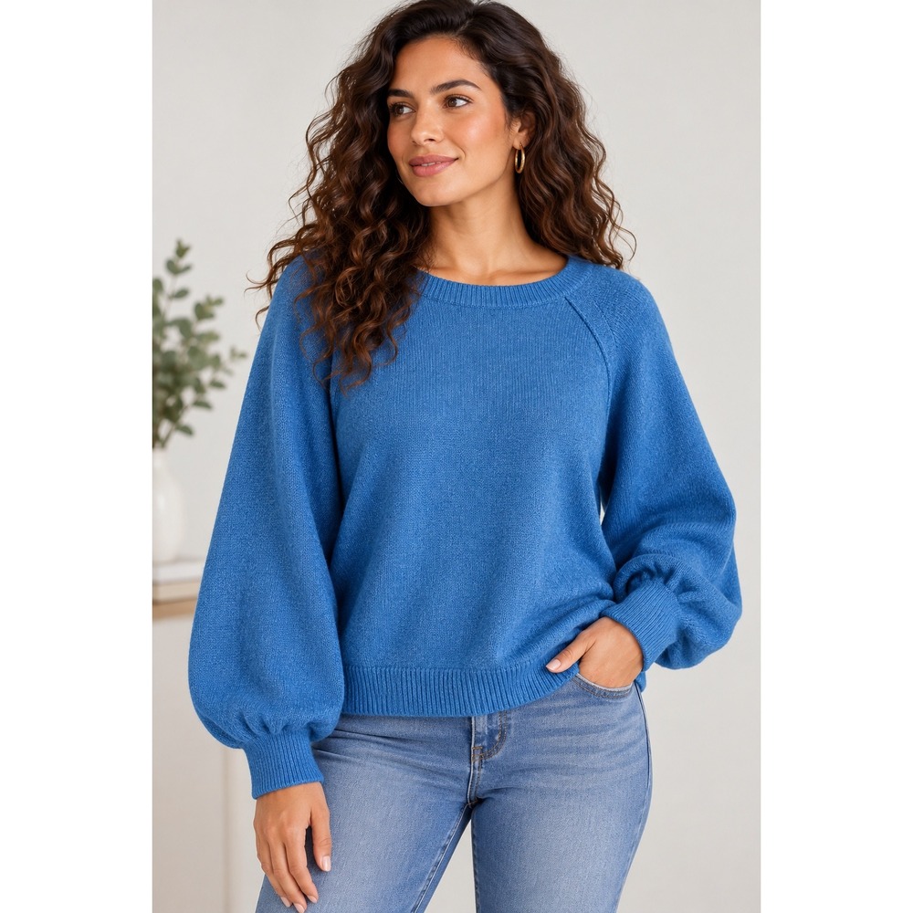 Vince Camuto Blue Balloon Sleeve Crewneck Knit Sweater L